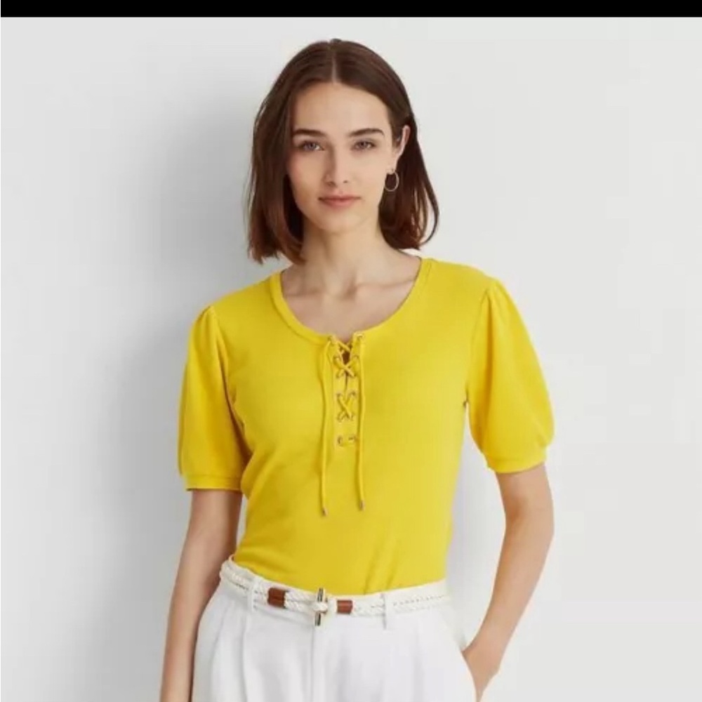 Yellow ☀️ Ralph Lauren 100% cotton womens lace up top size small